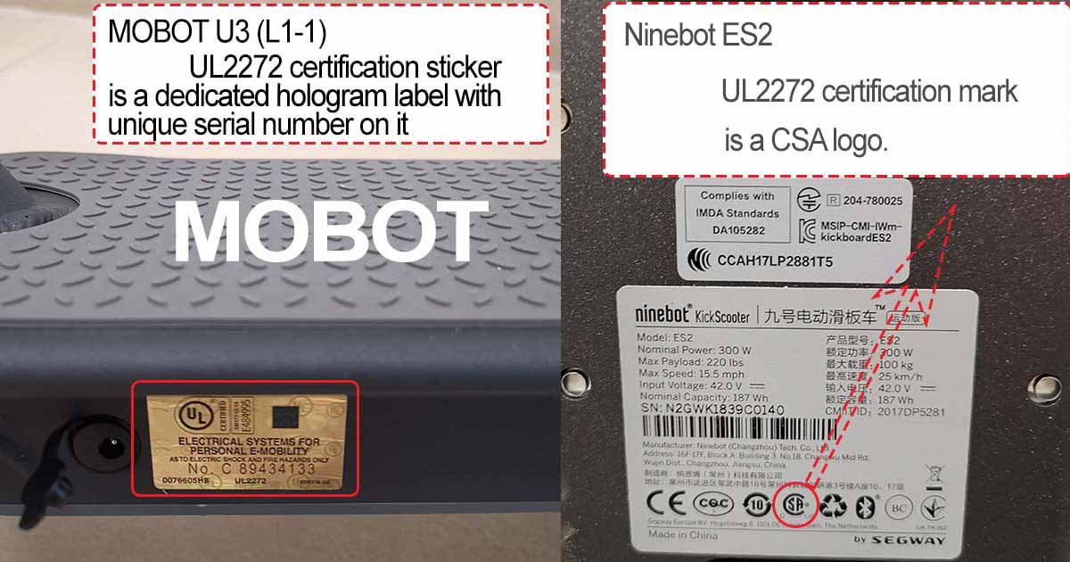 MOBOT U3 UL2272 certified Xiaomi M365 sticker - Review on UL2272 certified MOBOT L1-1 vs Xiaomi Mijia M365