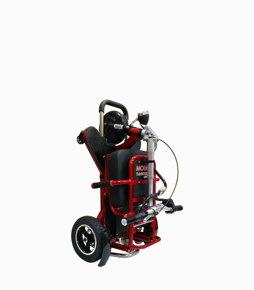 MOBOT FLEXI 4th Gen RED mobility scooter folded standing angled left