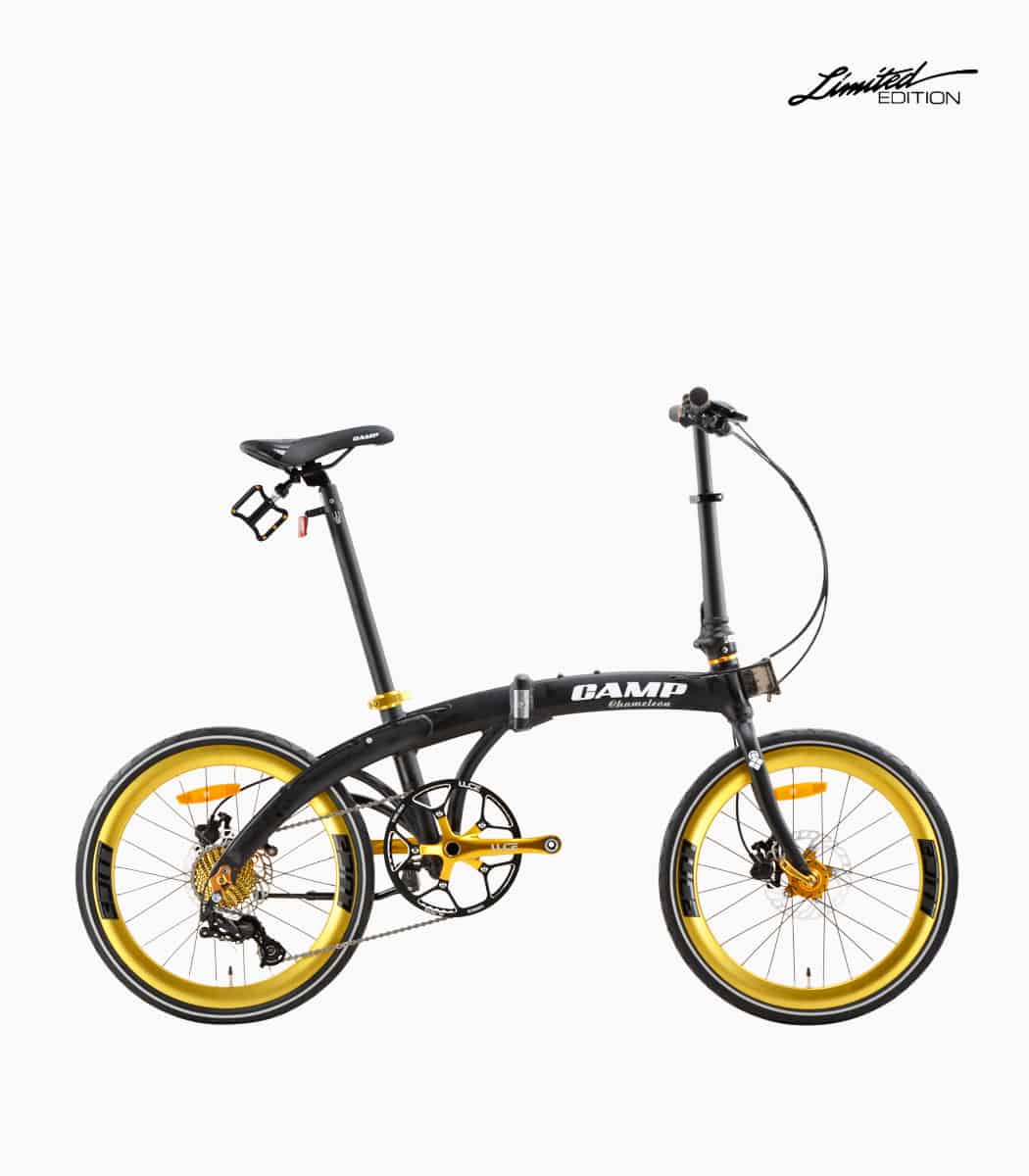 CAMP Chameleon (MATT BLACK) foldable bicycle with gold rim reflective tyres right